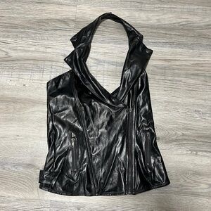 Black Leather Vest with Zipper Details